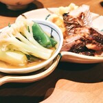Teuchi Soba Yakko - 前菜盛り合わせ（にしん、鴨、太刀魚、ポテサラ）