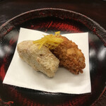赤坂 菊乃井 - 昼懐石１３３１０円。海老芋あられ粉揚げ。米粉、慈姑粉、二種の揚げ物です。香ばしい揚げ物は食欲を増進させますね。されなくてもありますが（笑）