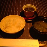 瀬里奈 - 魚沼産コシヒカリご飯、お味噌汁、トリュフとモッツァレラチーズの茶碗蒸しです。