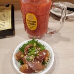 Toukyou Jimbei - お通し（釣り物イナダ漬け）、トマトハイ