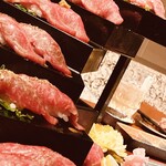 焔立つ肉寿司と牛タンタワー 肉処 双葉 三宮 - 神戸牛・天空の肉寿司階段2貫×7種