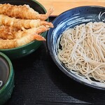 ゆで太郎 - 満腹五海老天丼セット、蕎麦(冷)大盛り。