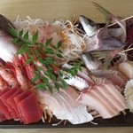 Marusan - 刺身盛り合わせ・８品（鯛、鮪、カンパチ、鰤、鯵、ホタテ、イカ、甘エビ）