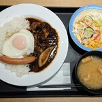 Matsuya - ビーフ牛プレ飯(並)エッグソーセージ&野菜サラダ¥690
