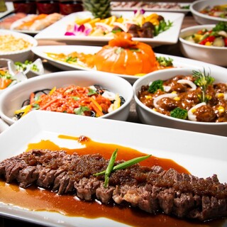 Freshly grilled Teppan-yaki Steak and other special Japanese, Western, and Chinese dishes are lined up.