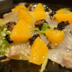 SIO syuji hijikuro - ヒラメのマリネオレンジ風味、オシェトラキャビアの塩気