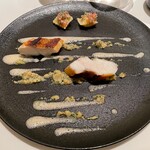 カンテサンス - 唐津のクエ 焼き茄子のソース 自家製ラビオリ じゃがいも 蓮根