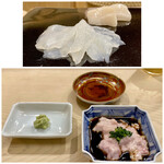 日本橋蛎殻町 すぎた - 北海道野付の天然帆立貝柱
      神奈川県長井のカワハギ
      お刺身には、山葵・醤油・カワハギの肝醤油を合わせます。