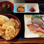 Oshokujidokoro Sengyoshou Uotetsu - おすすめAの天丼と刺身2種盛り定食　　　　　　　　1,380円（税込み）
