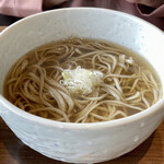 Teuchi Soba Takenouchi - かけ蕎麦
      蕎麦つゆの色は薄いのですが、しっかりと出汁が感じられました。
      シンプルにお蕎麦を楽しむのに、たまにかけ蕎麦も良いなと。