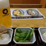 そば処 丸松 - 生ビールセット(生ビール＋小鉢3点)770円