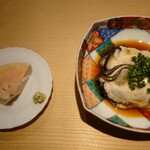東麻布 天本 - 鮟肝の塩蒸しと真牡蠣