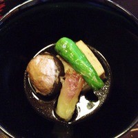 茶寮 一松 - 温肴：　松茸真丈（椎茸二味揚げ、茗荷白扇揚げ、青唐）