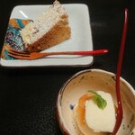 和餐　伸 - デザートのバニラ、カキ、酒粕。上のパネットーネは、事前に送別会だとお伝えしたらサービスして下さいました(^^)