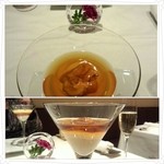 ラッフィナート - 見た目にも美味しいムース＆ジュレ
      
      ◆甘いニンジンのスプーマ 生雲丹(北海道)とコンソメのゼラティーナ
      
      妻は、
       ◆オレンジカリフラワーのスプーマ たいらぎ貝(愛知)と共に (写真奥側)