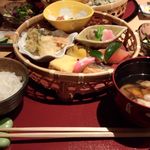 Tousaku Bekkan - メインの籠盛りとサラダ、ご飯、汁物