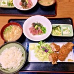 十八番 - マグロ納豆、ヒレカツ、カキフライ定食。¥950。