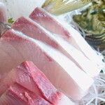 福浦漁港 みなと食堂 - 刺身（３）”かんぱち”、コリコリとした硬めの食感、”カンパチ”特有の歯応えがありました。