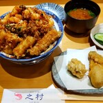 之村 - 添えもの丼(かき揚げ丼＋アナゴ) 1700円、鱈の白子天ぷら 500円、生かき天ぷら 500円