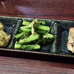 宵ノねこ - 口取り…ササミの磯辺揚げ、がんも、菜の花のおひたし(ワサビ風味)