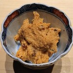 鮨 唐島 - 裏ごししたあん肝と白味噌に刻んだスイカの奈良漬け