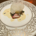 和フレンチバル村塾 屋根裏 別邸 - ⭐︎魚料理、舌平目のブレゼ、帆立と生麩のムース、トリュフ香る白ワインソース（付け合わせ、白菜、赤カブラ、マッシュルーム　）