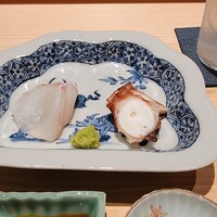 枯淡 - ひらめ、煮蛸、わさびと藻塩、醤油