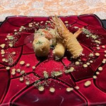 嵐山MITATE - 禁断の恋のロミジュリ。お料理では禁断の揚げ物と煮物をワンプレートに乗せちゃった。禁断の恋を表現しているんだと。エビのカダイフ巻きが美味しくて、鴨の煮物も美味しい。ボリューミーww