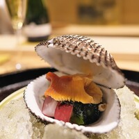 日本料理 研野 - 赤貝。酸味は海苔のジュレで。