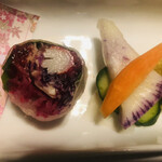 魚酔庭 - 梅風味の生春巻きと浅漬け