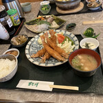松月 - 単品の車海老1,800円を定食にして(450円)妻は食べてました