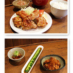 からあげナックル - 上：からあげ定食  下：右からおろしポン酢からあげ、バカうまきゅーり、台湾がっちゃん