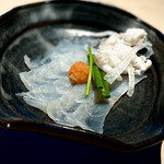 菊鮨 - ❷虎河豚刺し〜薄切り、皮に鴨頭葱を巻き、唐墨を薬味に舌にのせると玄界灘が押し寄せるよう ♫
