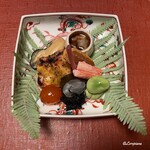 御料理 寺沢 - 鮃昆布巻､卵黄味噌漬､ﾎﾛﾎﾛ鳥南蛮焼､牡蠣松前､海鼠酢､唐墨､蟹脚､一寸豆