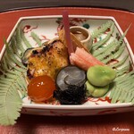 御料理 寺沢 - 鮃昆布巻､卵黄味噌漬､ﾎﾛﾎﾛ鳥南蛮焼､牡蠣松前､海鼠酢､唐墨､蟹脚､一寸豆