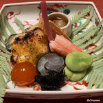 御料理 寺沢 - 鮃昆布巻､卵黄味噌漬､ﾎﾛﾎﾛ鳥南蛮焼､牡蠣松前､海鼠酢､唐墨､蟹脚､一寸豆