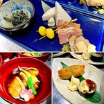 Nihombashi Yabu Kyuu - コース料理の一例です。盛合わせ、鴨の治部煮、そば寿司とそば稲荷