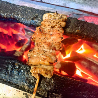 Fresh Oyama chicken is carefully grilled over binchotan charcoal. Delicious yakitori.