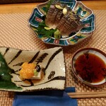 カジュアル和食と地酒しおさか - お通しのウニ豆腐と炙りしめ鯖