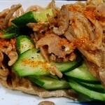 木村家 - もつきゅうり和え ～ 一味をふって