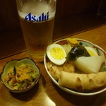 瑚遥 - 三口飲んだビール＆お通し＆おでん皿盛り700円