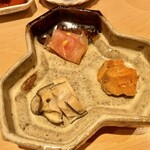 鮨 はしもと - 2021.12.  真加治木の生ハム・牡蠣の味噌漬け・鮟肝