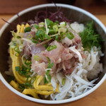 平塚漁港の食堂 - ”アジ叩きのせごはん”、“アジの叩き”を中心に、”釜揚げしらす”　”錦糸玉子”、海藻（”オゴノリ”、”マフノリ”）、”ネギ”、”ミョウガ”と多くの種類の具が乗っています。