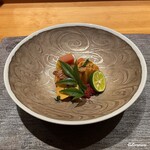 丸新 - 甘鯛 鱗焼､油坊主 味噌柚庵､銀杏餅､唐墨｡慈姑ﾁｯﾌﾟｽ､赤大根と林檎の霙卸し