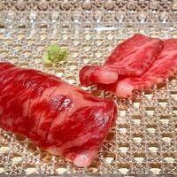 銀座 ちかみつ 六丁目 - 純血但馬万葉牛リブシン肉寿司/特産松阪牛47ヶ月リブ巻き刺し