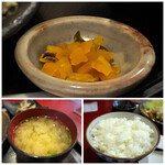 Obanzaiya Kiroku - ◆ご飯とお味噌汁は、普通に美味しい。 ◆沢庵を刻んであるのは、食べやすくていいですね。