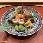 御料理 寺沢 - 牡蠣ｵｶｷ揚げ､ｺｺﾞﾐ天ぷら､車海老塩茹で､ｱﾜﾋﾞ塩蒸し､穴子八幡巻､一寸豆､子持ち昆布とﾁｰｽﾞ松葉串､ｲﾜｼ明太子焼､ｱﾏｴﾋﾞ塩辛､薑