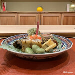 御料理 寺沢 - 牡蠣ｵｶｷ揚げ､ｺｺﾞﾐ天ぷら､車海老塩茹で､ｱﾜﾋﾞ塩蒸し､穴子八幡巻､一寸豆､子持ち昆布とﾁｰｽﾞ松葉串､ｲﾜｼ明太子焼､ｱﾏｴﾋﾞ塩辛､薑