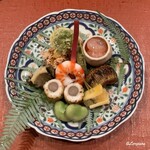 御料理 寺沢 - 牡蠣ｵｶｷ揚げ､ｺｺﾞﾐ天ぷら､車海老塩茹で､ｱﾜﾋﾞ塩蒸し､穴子八幡巻､一寸豆､子持ち昆布とﾁｰｽﾞ松葉串､ｲﾜｼ明太子焼､ｱﾏｴﾋﾞ塩辛､薑