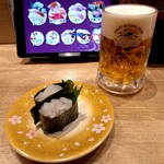 Kaiten Zushi Maru Chuu - 生ビール、富山県産白エビ